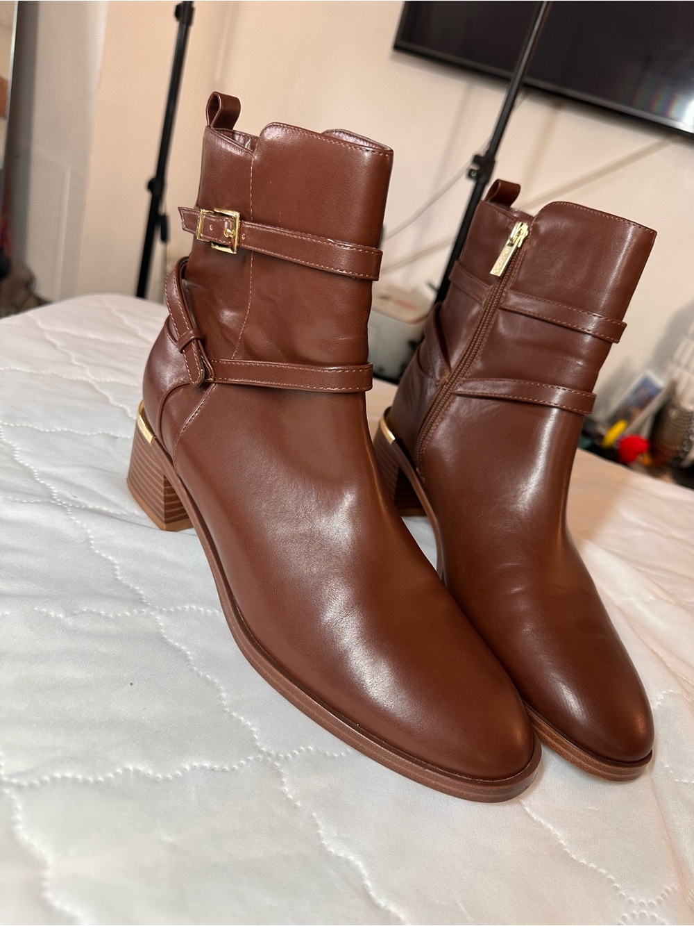 Calvin Klein Brown Leather Ankle Boots with Buckle Detail